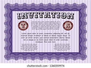 Violet Formal invitation. Money Pattern. With guilloche pattern and background. Detailed. 