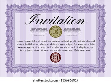 Violet Formal invitation. Money style design. Detailed. With guilloche pattern and background. 