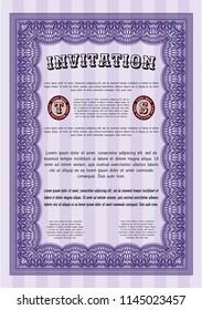 Violet Formal invitation. Retro design. With linear background. Detailed. 