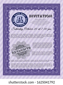 Violet Formal invitation. Retro design. Vector illustration. With great quality guilloche pattern. 