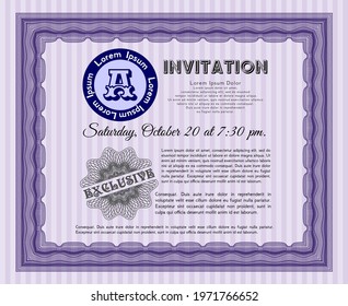 Violet Formal invitation. Sophisticated design. With guilloche pattern and background. Vector illustration. 