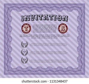 Violet Formal invitation template. Artistry design. Customizable, Easy to edit and change colors. With guilloche pattern and background. 