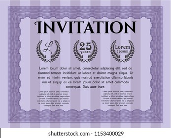 Violet Formal invitation template. Artistry design. Vector illustration. With guilloche pattern and background. 