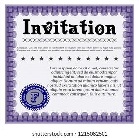 Violet Formal invitation template. Artistry design. Vector illustration. With guilloche pattern. 