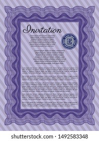 Violet Formal invitation template. With background. Money Pattern. Detailed. 