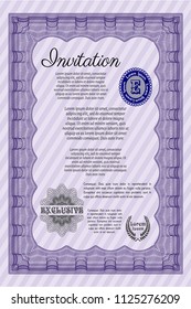 Violet Formal invitation template. With complex linear background. Money Pattern design. Customizable, Easy to edit and change colors. 