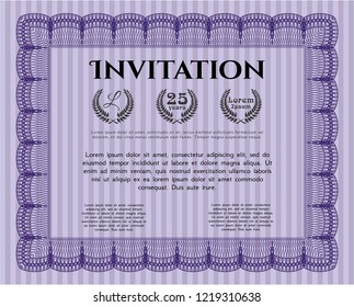 Violet Formal invitation template. With complex linear background. Detailed. Money design. 