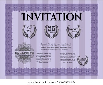 Violet Formal invitation template. Cordial design. Vector illustration. With great quality guilloche pattern. 
