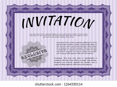 Violet Formal invitation template. Cordial design. With guilloche pattern. Vector illustration. 