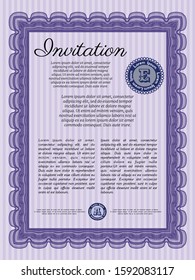 Violet Formal invitation template. Cordial design. Printer friendly. Detailed. 