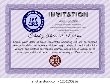 Violet Formal invitation template. Customizable, Easy to edit and change colors. With guilloche pattern and background. Cordial design. 