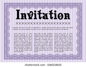Violet Formal invitation template. Detailed. With complex background. Money Pattern design. 