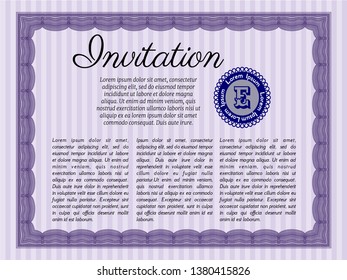 Violet Formal invitation template. Detailed. With guilloche pattern. Retro design. 