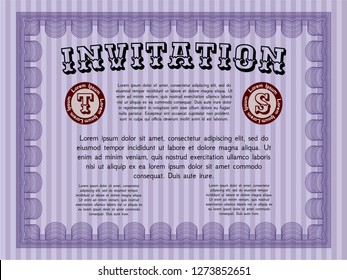 Violet Formal invitation template. Easy to print. Detailed. Money Pattern. 