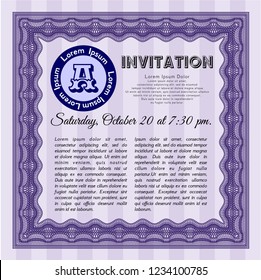Violet Formal invitation template. Good design. Vector illustration. With guilloche pattern and background. 