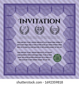 Violet Formal invitation template. With great quality guilloche pattern. Vector illustration. Nice design. 