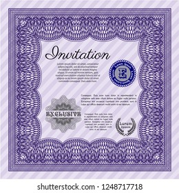 Violet Formal invitation template. With guilloche pattern and background. Money style design. Vector illustration. 