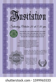 Violet Formal invitation template. With guilloche pattern and background. Vector illustration. Superior design. 