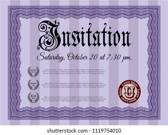 Violet Formal invitation template. Lovely design. With great quality guilloche pattern. Detailed. 