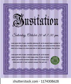Violet Formal invitation template. Nice design. Vector illustration. With guilloche pattern. 