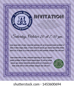 Violet Formal invitation template. Perfect design. With guilloche pattern and background. Vector illustration. 