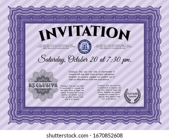 Violet Formal invitation template. Perfect design. With great quality guilloche pattern. Vector illustration. 