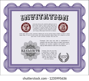 Violet Formal invitation template. Printer friendly. Excellent design. Detailed. 