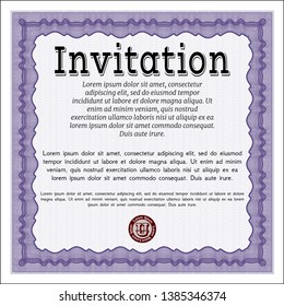 Violet Formal invitation template. Vector illustration. With guilloche pattern and background. Perfect design. 