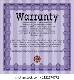 Violet Formal Warranty Certificate template. Detailed. With complex background. Money style design. 