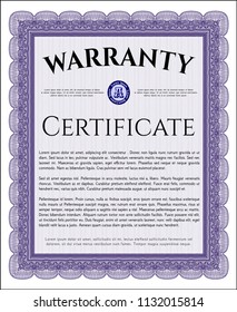 Violet Formal Warranty Certificate template. Vector illustration. With background. Perfect design. 