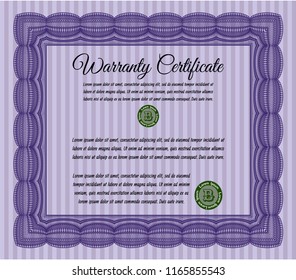 Violet Formal Warranty Certificate template. Cordial design. Vector illustration. With complex linear background. 