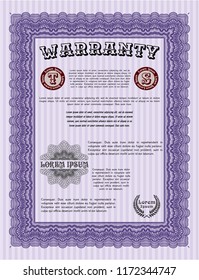 Violet Formal Warranty Certificate template. Vector illustration. With complex linear background. Good design. 