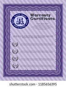 Violet Formal Warranty Certificate template. Vector illustration. With great quality guilloche pattern. Money Pattern design. 