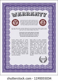 Violet Formal Warranty Certificate template. Superior design. Vector illustration. With great quality guilloche pattern. 
