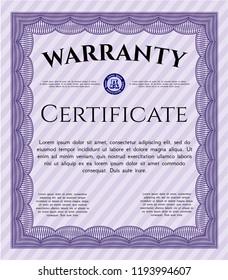Violet Formal Warranty Certificate template. Retro design. Vector illustration. With guilloche pattern. 