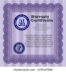 Violet Formal Warranty Certificate template. With guilloche pattern. Lovely design. Customizable, Easy to edit and change colors. 
