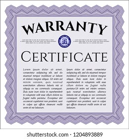 Violet Formal Warranty Certificate template. Detailed. With complex linear background. Artistry design. 