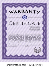 Violet Formal Warranty Certificate template. With guilloche pattern and background. Customizable, Easy to edit and change colors. Cordial design. 