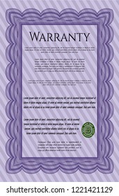 Violet Formal Warranty Certificate template. Cordial design. Vector illustration. With quality background. 