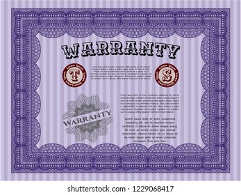 Violet Formal Warranty Certificate template. Complex background. Lovely design. Vector illustration. 