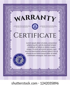 Violet Formal Warranty Certificate template. With complex background. Vector illustration. Cordial design. 