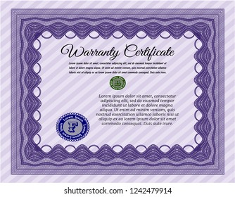 Violet Formal Warranty Certificate template. Customizable, Easy to edit and change colors. With complex background. Cordial design. 