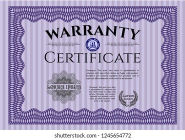 Violet Formal Warranty Certificate template. Perfect design. Customizable, Easy to edit and change colors. With complex linear background. 