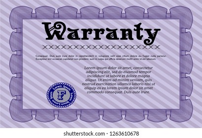 Violet Formal Warranty Certificate template. Nice design. With great quality guilloche pattern. Detailed. 
