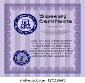 Violet Formal Warranty Certificate template. Detailed. With complex linear background. Modern design. 
