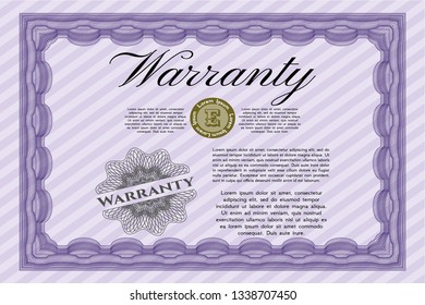 Violet Formal Warranty Certificate template. Detailed. With quality background. Money style design. 