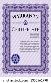 Violet Formal Warranty Certificate template. Money Pattern. With background. Detailed. 