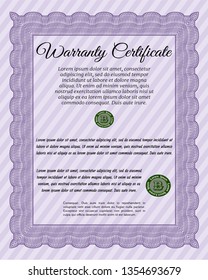 Violet Formal Warranty Certificate template. Detailed. With great quality guilloche pattern. Sophisticated design. 
