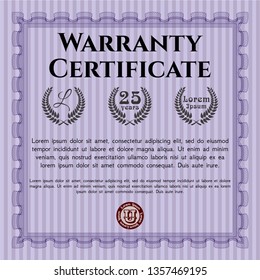 Violet Formal Warranty Certificate template. With complex linear background. Customizable, Easy to edit and change colors. Money Pattern design. 