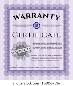 Violet Formal Warranty Certificate template. With complex linear background. Customizable, Easy to edit and change colors. Cordial design. 